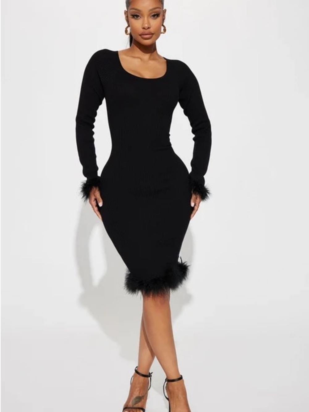 Fashion Nova Black Feather-Trim Midi Bodycon Dress